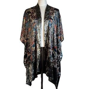 MYSTREE Gray Kimono VELVET TRIM COLORFUL WHIMSICAL BOHO HIPPY ONE SIZE